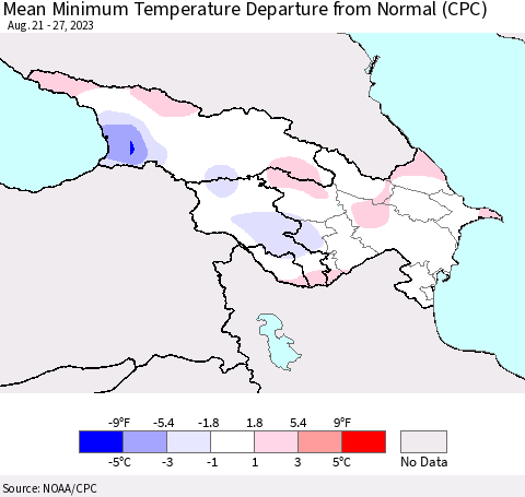 Azerbaijan, Armenia and Georgia Mean Minimum Temperature Departure from Normal (CPC) Thematic Map For 8/21/2023 - 8/27/2023