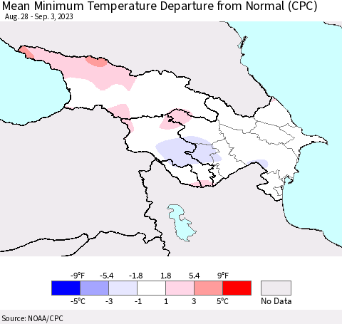 Azerbaijan, Armenia and Georgia Mean Minimum Temperature Departure from Normal (CPC) Thematic Map For 8/28/2023 - 9/3/2023