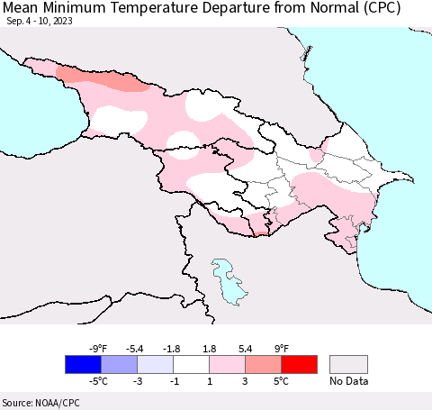 Azerbaijan, Armenia and Georgia Mean Minimum Temperature Departure from Normal (CPC) Thematic Map For 9/4/2023 - 9/10/2023