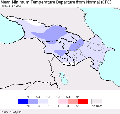 Azerbaijan, Armenia and Georgia Mean Minimum Temperature Departure from Normal (CPC) Thematic Map For 9/11/2023 - 9/17/2023