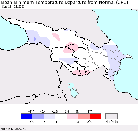 Azerbaijan, Armenia and Georgia Mean Minimum Temperature Departure from Normal (CPC) Thematic Map For 9/18/2023 - 9/24/2023