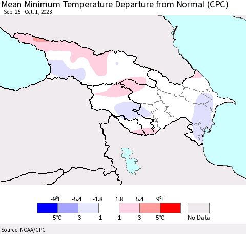 Azerbaijan, Armenia and Georgia Mean Minimum Temperature Departure from Normal (CPC) Thematic Map For 9/25/2023 - 10/1/2023