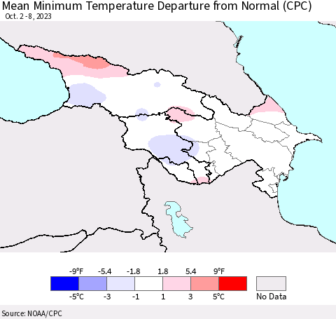 Azerbaijan, Armenia and Georgia Mean Minimum Temperature Departure from Normal (CPC) Thematic Map For 10/2/2023 - 10/8/2023