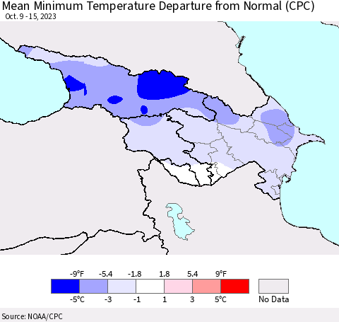 Azerbaijan, Armenia and Georgia Mean Minimum Temperature Departure from Normal (CPC) Thematic Map For 10/9/2023 - 10/15/2023