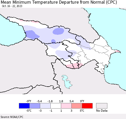 Azerbaijan, Armenia and Georgia Mean Minimum Temperature Departure from Normal (CPC) Thematic Map For 10/16/2023 - 10/22/2023