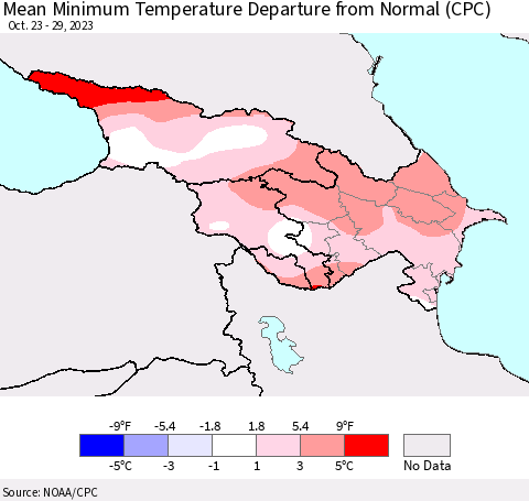 Azerbaijan, Armenia and Georgia Mean Minimum Temperature Departure from Normal (CPC) Thematic Map For 10/23/2023 - 10/29/2023