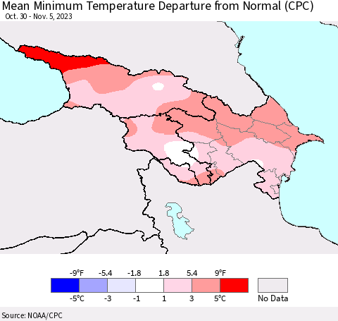 Azerbaijan, Armenia and Georgia Mean Minimum Temperature Departure from Normal (CPC) Thematic Map For 10/30/2023 - 11/5/2023