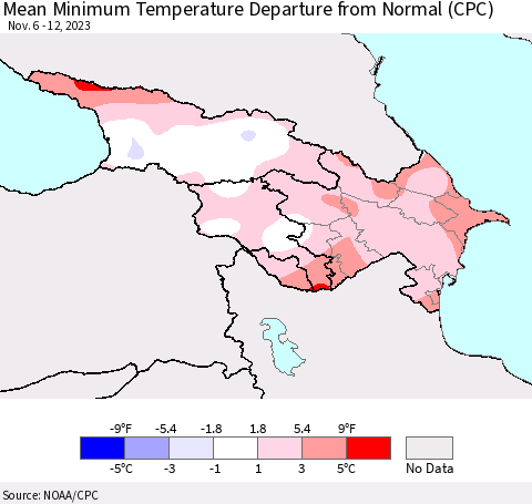 Azerbaijan, Armenia and Georgia Mean Minimum Temperature Departure from Normal (CPC) Thematic Map For 11/6/2023 - 11/12/2023
