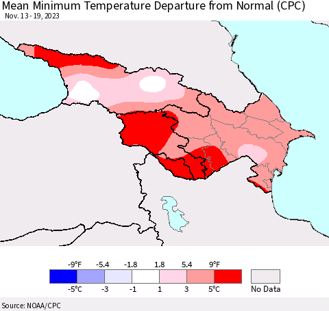 Azerbaijan, Armenia and Georgia Mean Minimum Temperature Departure from Normal (CPC) Thematic Map For 11/13/2023 - 11/19/2023