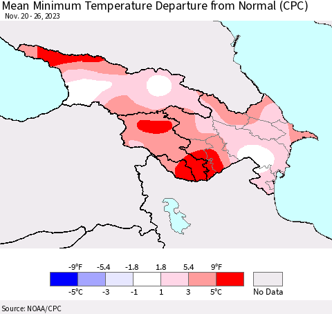 Azerbaijan, Armenia and Georgia Mean Minimum Temperature Departure from Normal (CPC) Thematic Map For 11/20/2023 - 11/26/2023