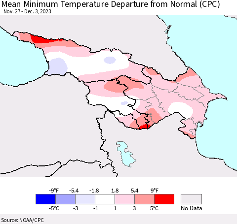 Azerbaijan, Armenia and Georgia Mean Minimum Temperature Departure from Normal (CPC) Thematic Map For 11/27/2023 - 12/3/2023
