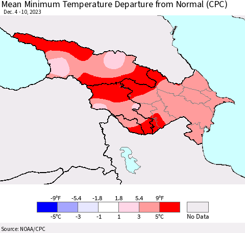 Azerbaijan, Armenia and Georgia Mean Minimum Temperature Departure from Normal (CPC) Thematic Map For 12/4/2023 - 12/10/2023
