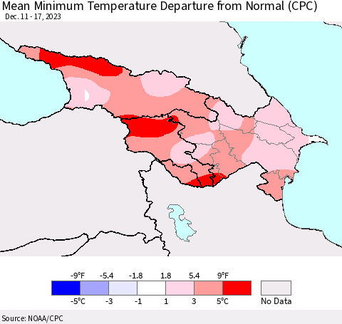 Azerbaijan, Armenia and Georgia Mean Minimum Temperature Departure from Normal (CPC) Thematic Map For 12/11/2023 - 12/17/2023