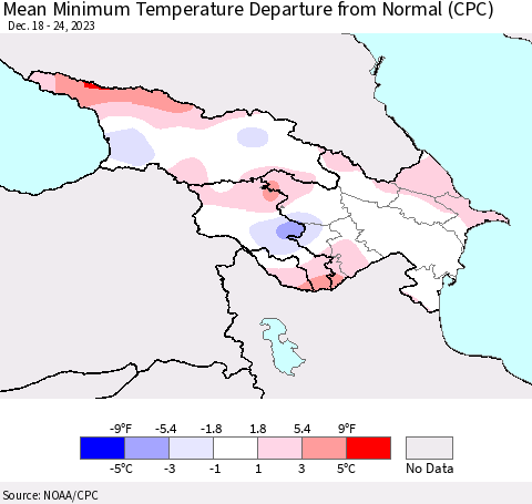Azerbaijan, Armenia and Georgia Mean Minimum Temperature Departure from Normal (CPC) Thematic Map For 12/18/2023 - 12/24/2023