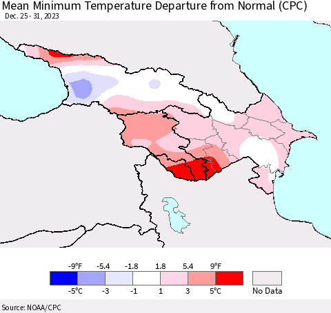 Azerbaijan, Armenia and Georgia Mean Minimum Temperature Departure from Normal (CPC) Thematic Map For 12/25/2023 - 12/31/2023