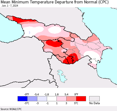 Azerbaijan, Armenia and Georgia Mean Minimum Temperature Departure from Normal (CPC) Thematic Map For 1/1/2024 - 1/7/2024