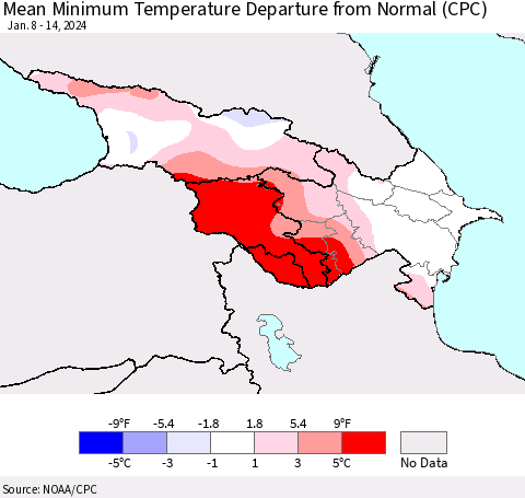 Azerbaijan, Armenia and Georgia Mean Minimum Temperature Departure from Normal (CPC) Thematic Map For 1/8/2024 - 1/14/2024