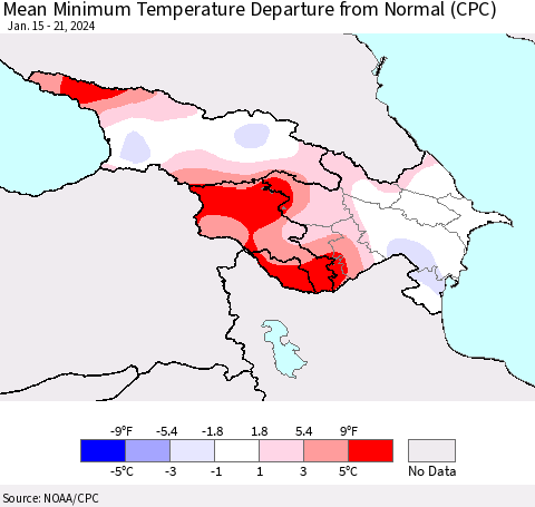Azerbaijan, Armenia and Georgia Mean Minimum Temperature Departure from Normal (CPC) Thematic Map For 1/15/2024 - 1/21/2024