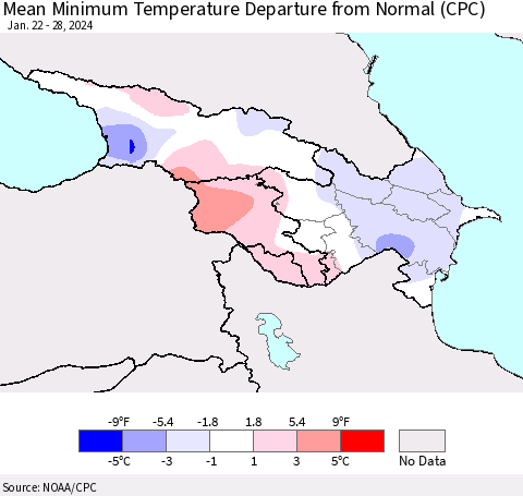 Azerbaijan, Armenia and Georgia Mean Minimum Temperature Departure from Normal (CPC) Thematic Map For 1/22/2024 - 1/28/2024
