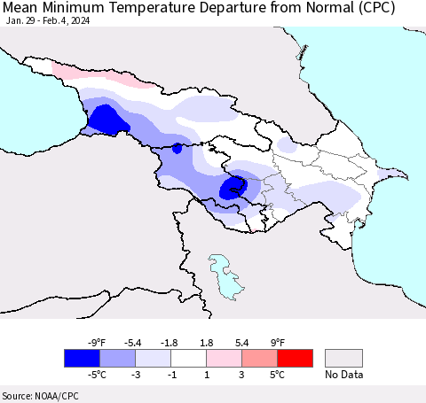 Azerbaijan, Armenia and Georgia Mean Minimum Temperature Departure from Normal (CPC) Thematic Map For 1/29/2024 - 2/4/2024