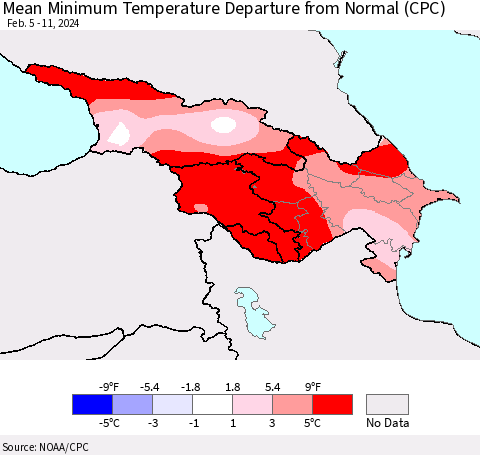 Azerbaijan, Armenia and Georgia Mean Minimum Temperature Departure from Normal (CPC) Thematic Map For 2/5/2024 - 2/11/2024