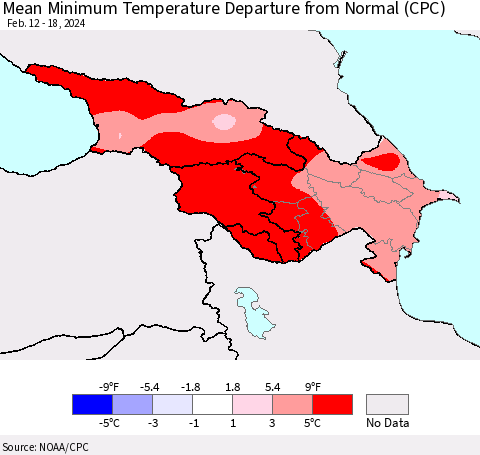 Azerbaijan, Armenia and Georgia Mean Minimum Temperature Departure from Normal (CPC) Thematic Map For 2/12/2024 - 2/18/2024
