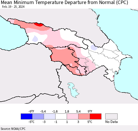 Azerbaijan, Armenia and Georgia Mean Minimum Temperature Departure from Normal (CPC) Thematic Map For 2/19/2024 - 2/25/2024