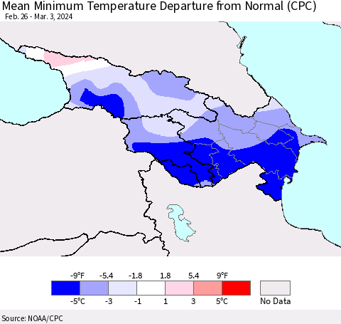 Azerbaijan, Armenia and Georgia Mean Minimum Temperature Departure from Normal (CPC) Thematic Map For 2/26/2024 - 3/3/2024