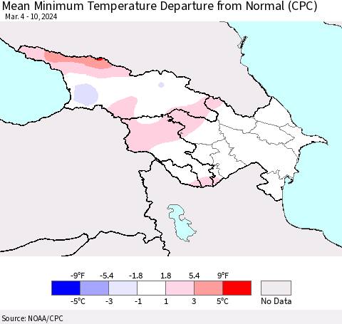 Azerbaijan, Armenia and Georgia Mean Minimum Temperature Departure from Normal (CPC) Thematic Map For 3/4/2024 - 3/10/2024