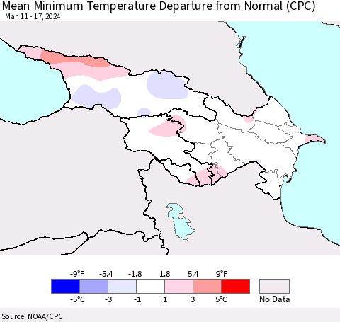 Azerbaijan, Armenia and Georgia Mean Minimum Temperature Departure from Normal (CPC) Thematic Map For 3/11/2024 - 3/17/2024