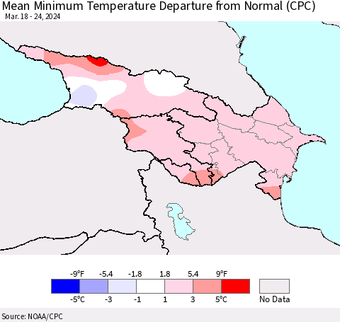 Azerbaijan, Armenia and Georgia Mean Minimum Temperature Departure from Normal (CPC) Thematic Map For 3/18/2024 - 3/24/2024