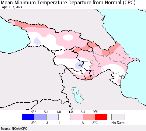 Azerbaijan, Armenia and Georgia Mean Minimum Temperature Departure from Normal (CPC) Thematic Map For 4/1/2024 - 4/7/2024
