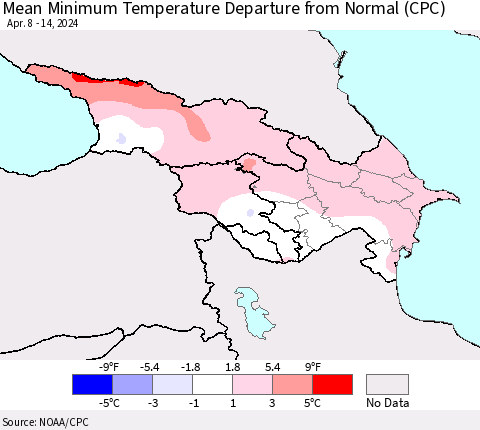 Azerbaijan, Armenia and Georgia Mean Minimum Temperature Departure from Normal (CPC) Thematic Map For 4/8/2024 - 4/14/2024
