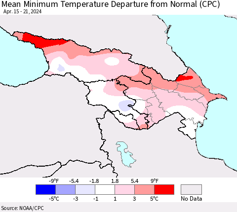 Azerbaijan, Armenia and Georgia Mean Minimum Temperature Departure from Normal (CPC) Thematic Map For 4/15/2024 - 4/21/2024