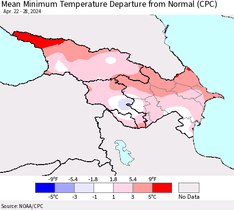 Azerbaijan, Armenia and Georgia Mean Minimum Temperature Departure from Normal (CPC) Thematic Map For 4/22/2024 - 4/28/2024