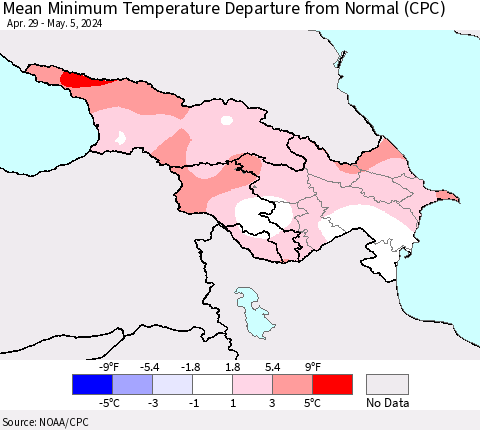 Azerbaijan, Armenia and Georgia Mean Minimum Temperature Departure from Normal (CPC) Thematic Map For 4/29/2024 - 5/5/2024