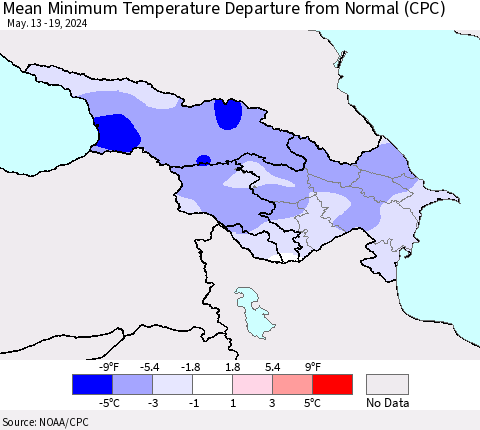 Azerbaijan, Armenia and Georgia Mean Minimum Temperature Departure from Normal (CPC) Thematic Map For 5/13/2024 - 5/19/2024