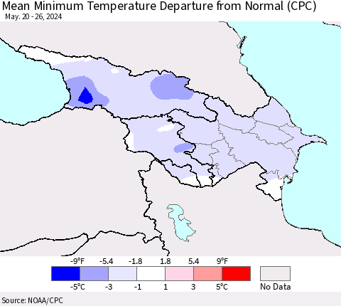 Azerbaijan, Armenia and Georgia Mean Minimum Temperature Departure from Normal (CPC) Thematic Map For 5/20/2024 - 5/26/2024