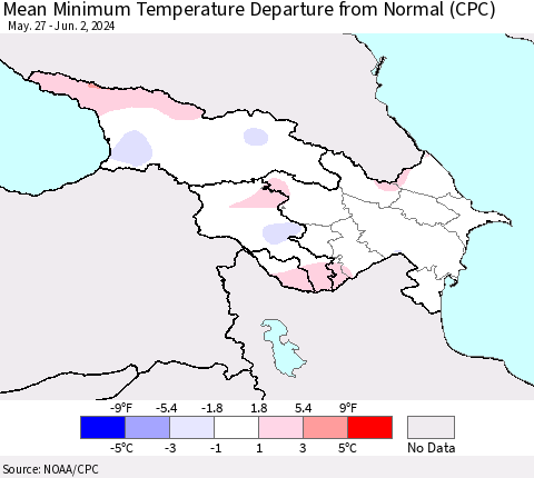 Azerbaijan, Armenia and Georgia Mean Minimum Temperature Departure from Normal (CPC) Thematic Map For 5/27/2024 - 6/2/2024