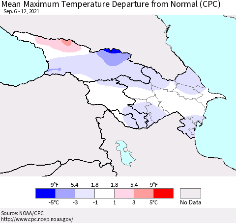Azerbaijan, Armenia and Georgia Mean Maximum Temperature Departure from Normal (CPC) Thematic Map For 9/6/2021 - 9/12/2021
