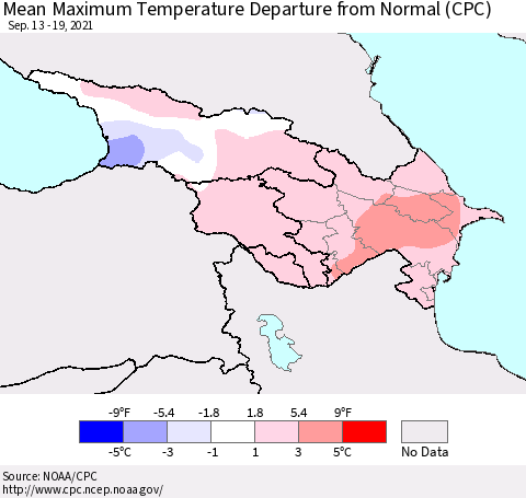 Azerbaijan, Armenia and Georgia Mean Maximum Temperature Departure from Normal (CPC) Thematic Map For 9/13/2021 - 9/19/2021