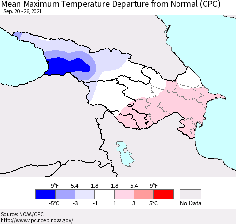 Azerbaijan, Armenia and Georgia Mean Maximum Temperature Departure from Normal (CPC) Thematic Map For 9/20/2021 - 9/26/2021