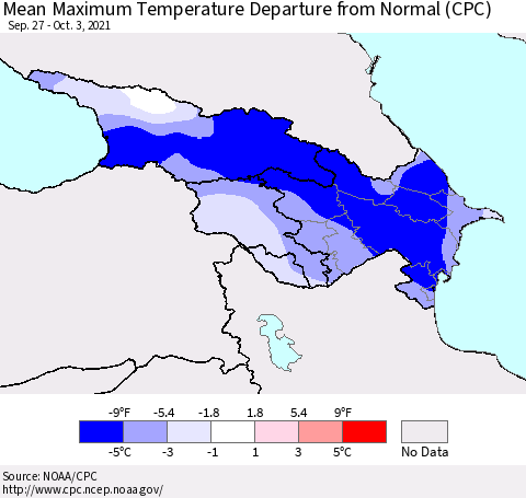 Azerbaijan, Armenia and Georgia Mean Maximum Temperature Departure from Normal (CPC) Thematic Map For 9/27/2021 - 10/3/2021