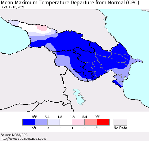 Azerbaijan, Armenia and Georgia Mean Maximum Temperature Departure from Normal (CPC) Thematic Map For 10/4/2021 - 10/10/2021