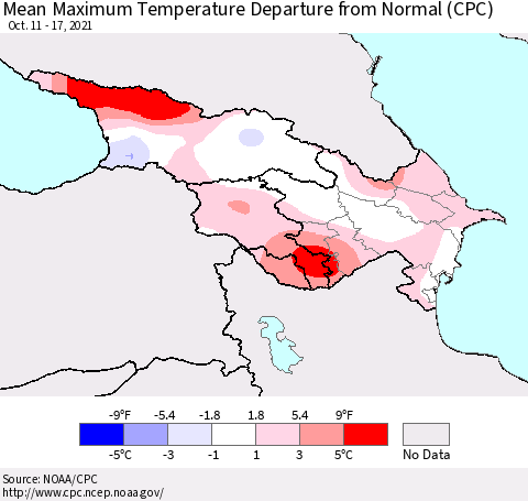 Azerbaijan, Armenia and Georgia Mean Maximum Temperature Departure from Normal (CPC) Thematic Map For 10/11/2021 - 10/17/2021