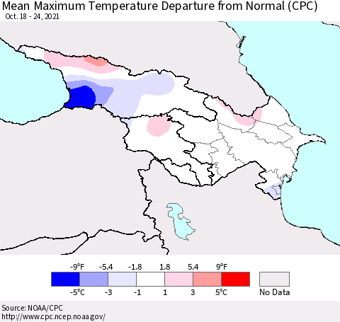 Azerbaijan, Armenia and Georgia Mean Maximum Temperature Departure from Normal (CPC) Thematic Map For 10/18/2021 - 10/24/2021