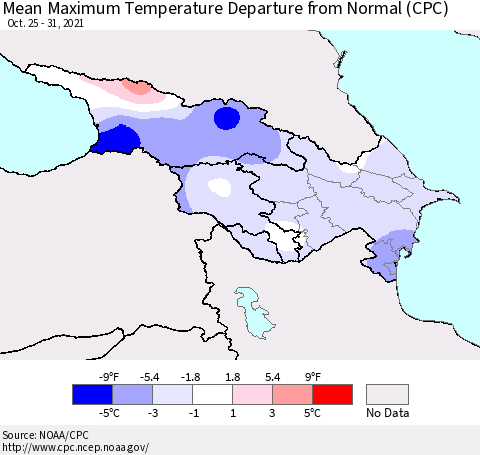 Azerbaijan, Armenia and Georgia Mean Maximum Temperature Departure from Normal (CPC) Thematic Map For 10/25/2021 - 10/31/2021