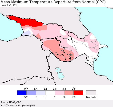 Azerbaijan, Armenia and Georgia Mean Maximum Temperature Departure from Normal (CPC) Thematic Map For 11/1/2021 - 11/7/2021