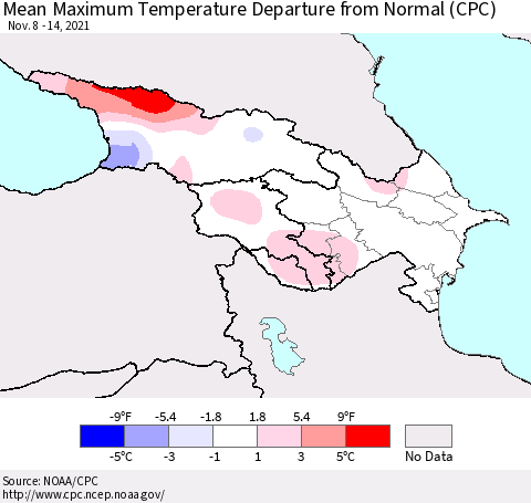 Azerbaijan, Armenia and Georgia Mean Maximum Temperature Departure from Normal (CPC) Thematic Map For 11/8/2021 - 11/14/2021