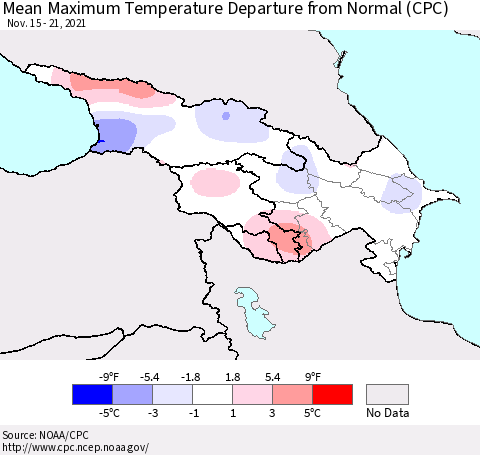 Azerbaijan, Armenia and Georgia Mean Maximum Temperature Departure from Normal (CPC) Thematic Map For 11/15/2021 - 11/21/2021